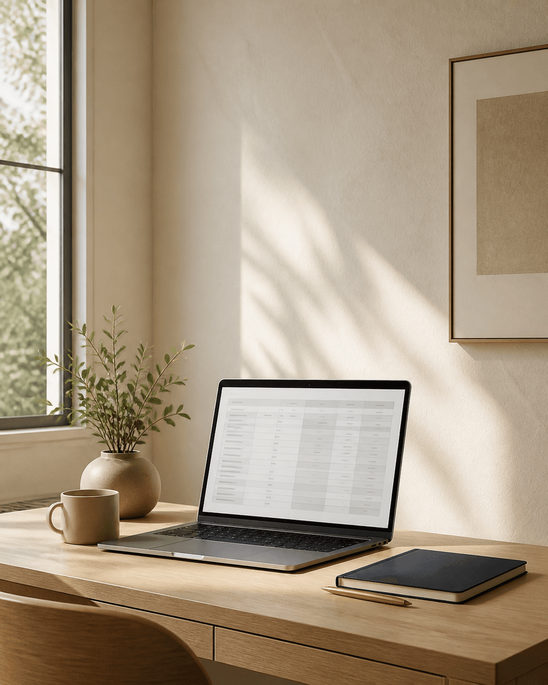 A calm, organized workspace with a laptop and notebook